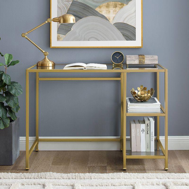 Aimee Desk Gold - Crosley: Sleek Steel Frame, Tempered Glass Top, Open Storage Shelf