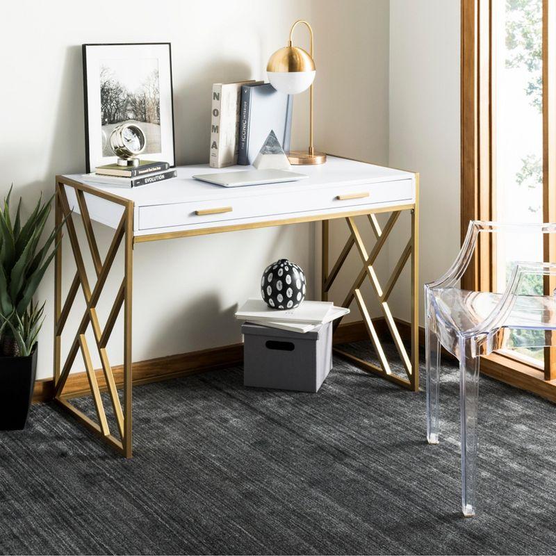 Transitional White and Gold Home Office Desk with Dual Drawers