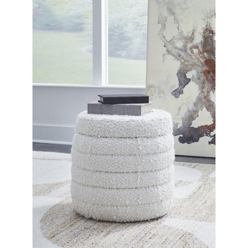 Ivory White Round Storage Ottoman with Textured Fabric