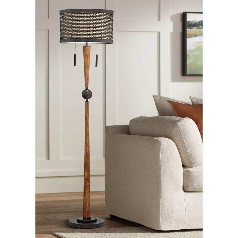 Franklin Iron Works Modern Mid Century Farmhouse Rustic Floor Lamp 64" Tall Bronze Cherry Wood Metal Cream Double Drum Shade for Living Room Reading