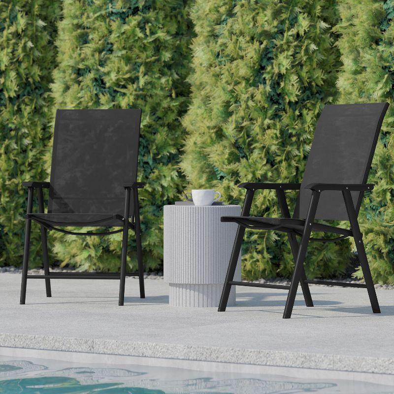 Black Metal Outdoor Folding Sling Dining Chairs, Set of 2