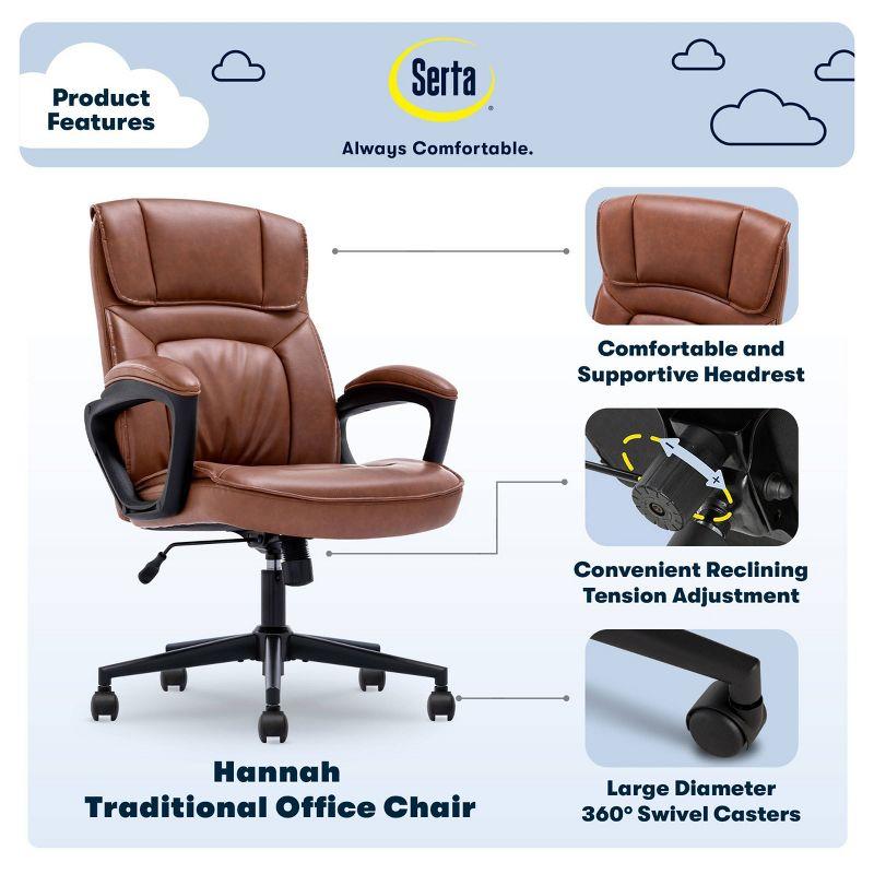 Style Hannah Office Chair Bonded Leather Comfort Cognac - Serta: Ergonomic Lumbar Support, Adjustable Height