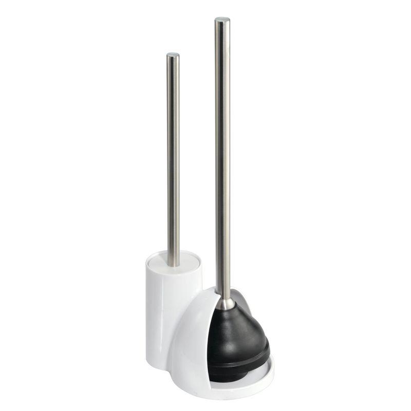 White Plastic Toilet Brush and Plunger Set with Stainless Steel Handles