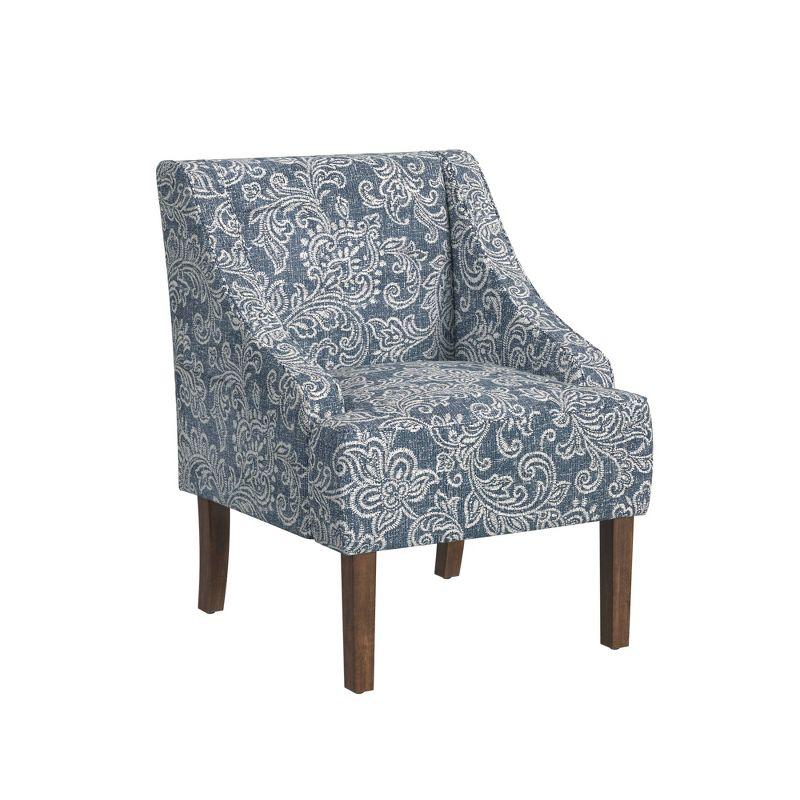 Blue Denim Jacobean Print Swoop Arm Accent Chair with Wood Legs