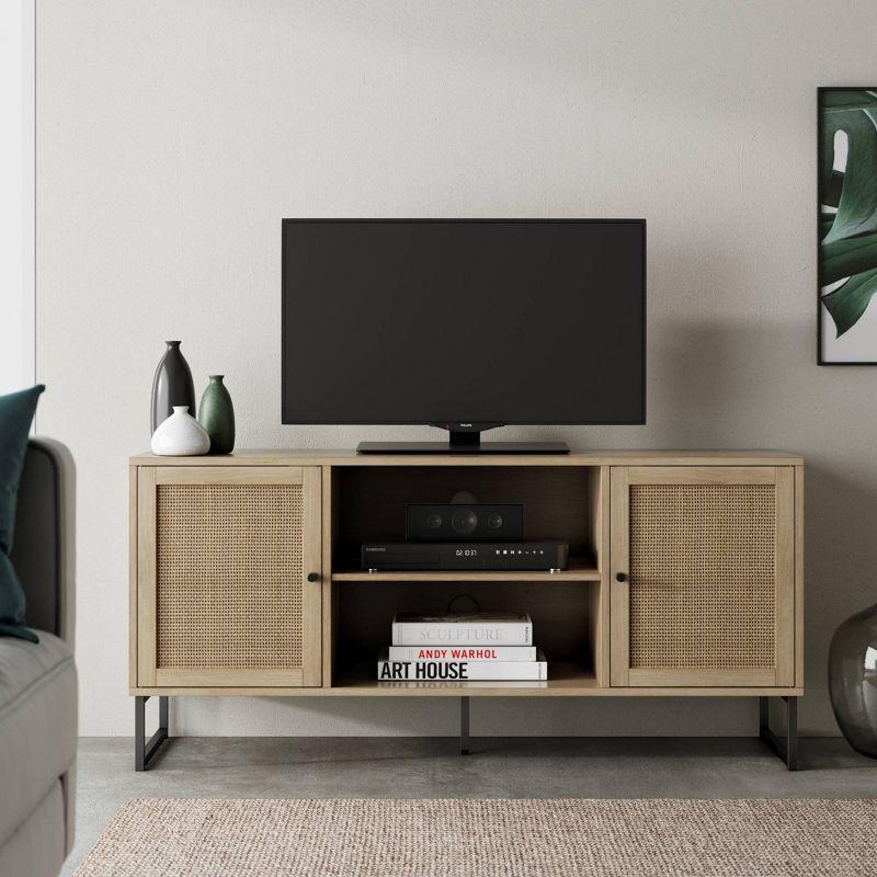 54'' Mina Matte Black and Light Oak Media Console with Rattan Cabinet Doors