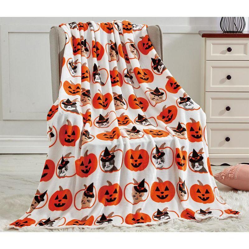 Halloween Cats and Pumpkins Knitted Machine Washable Throw Blanket