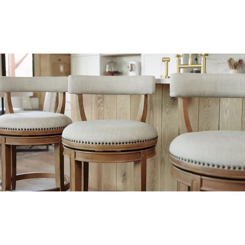 Maven Lane Alexander Kitchen Bar Stool in Weathered Oak Finish w/ Sand Color Fabric Upholstery