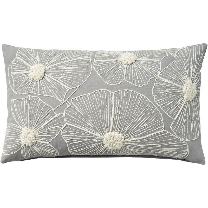 Gray Cotton Embroidered Floral Throw Pillow Cover 14" x 24"