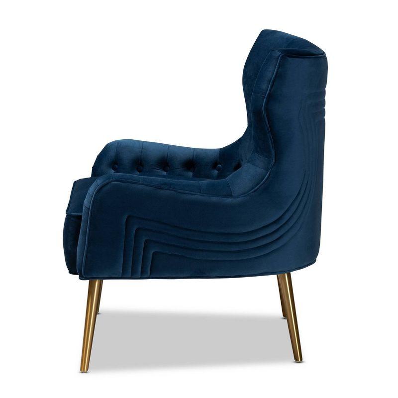 Curvaceous Navy Blue Velvet Armchair with Geometric Stitching and Gold Metal Legs