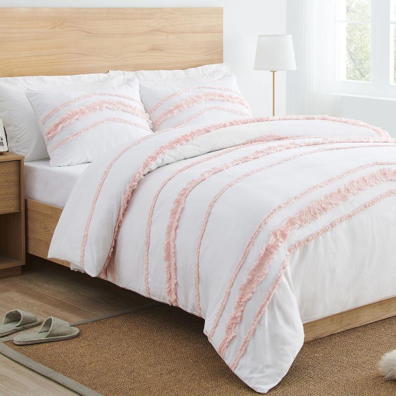 Boho Fringe Pink and White Cotton Queen Duvet Set