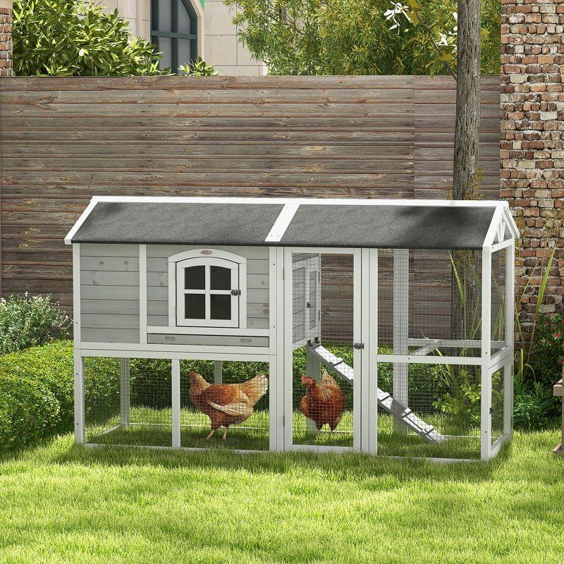 PawHut Wooden Chicken Coop with Run for 3 - 4 Chickens, Hen House with Nesting Box, Removable Tray, 77.5" x 32.5" x 46", Light Gray