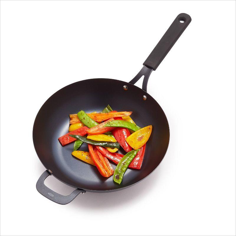 OXO 12" Steel Open Wok with Silicone Sleeve Black: Carbon Steel Pan, 12 Inch, Induction & Gas Compatible, Hand Wash