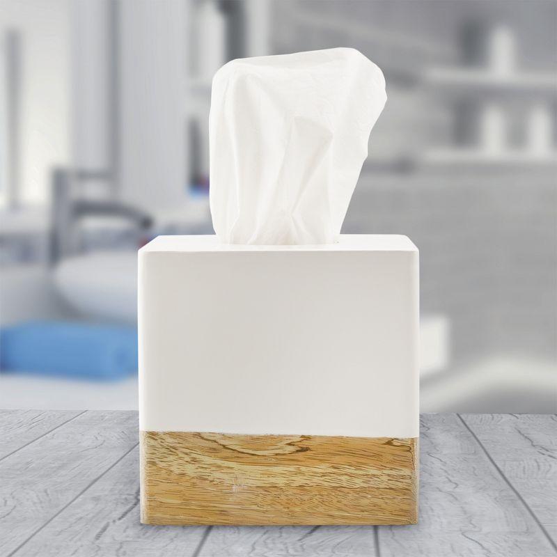 Square White Enamel and Mango Wood Tissue Box Cover