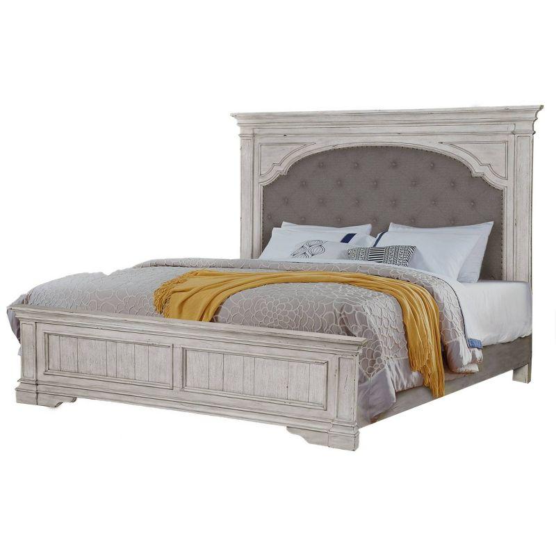 Queen Rustic Ivory Wood Panel Bed with Tufted Headboard