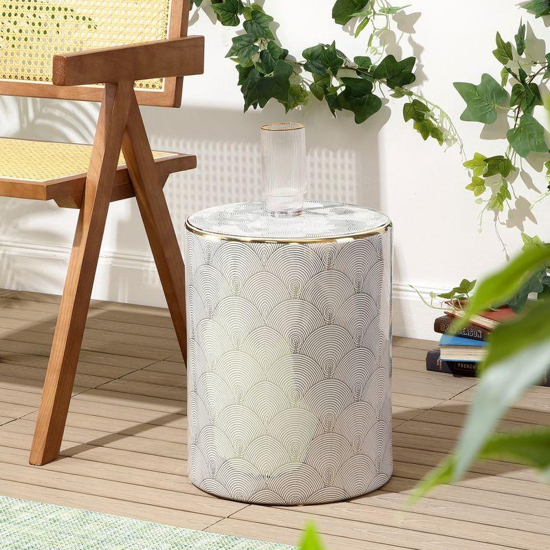 JONATHAN Y Fish Scale 17" Modern Ceramic Garden Stool, White/Gold