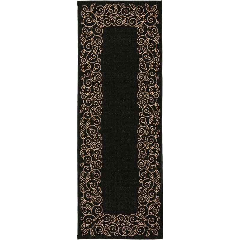 Black and Beige Floral Border Indoor/Outdoor Runner Rug