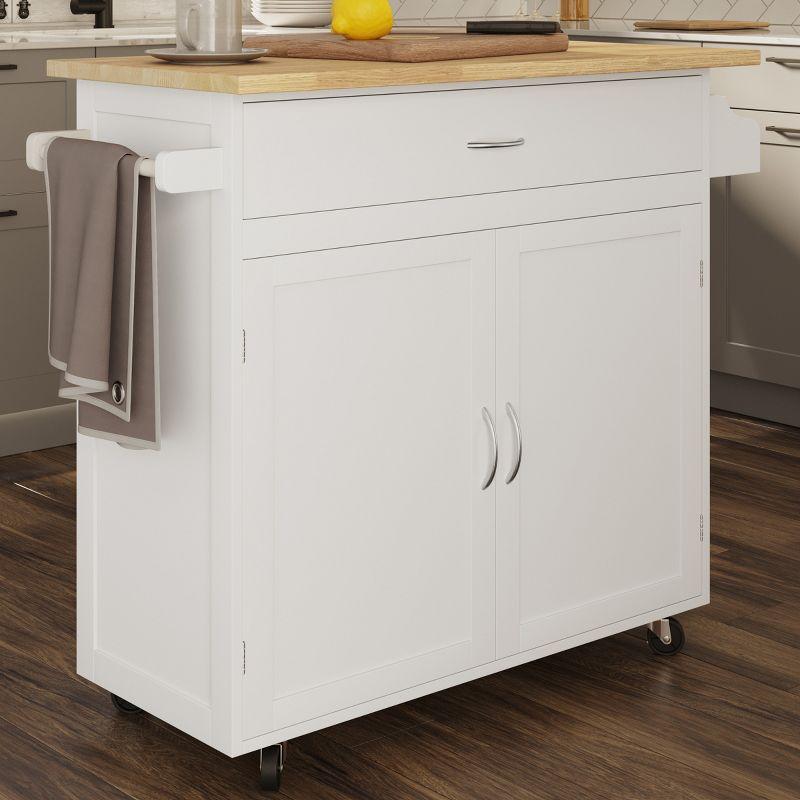 White and Oak Wood Rolling Kitchen Cart with Spice Rack and Storage