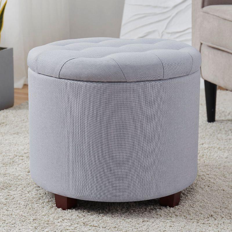 Ornavo Home Linen Upholstered Round Tufted Storage Ottoman with Wooden Legs - Gray