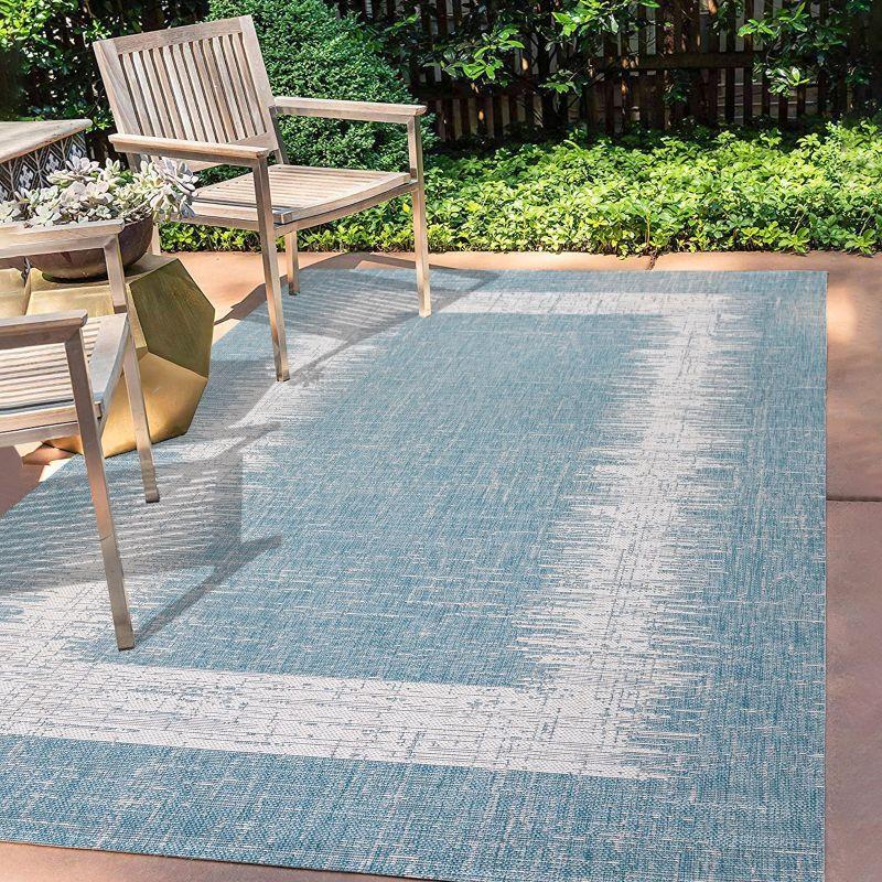 3'x5' Scandi Minimalist Border Indoor/Outdoor Area Rug, Aqua/Ivory - JONATHAN Y