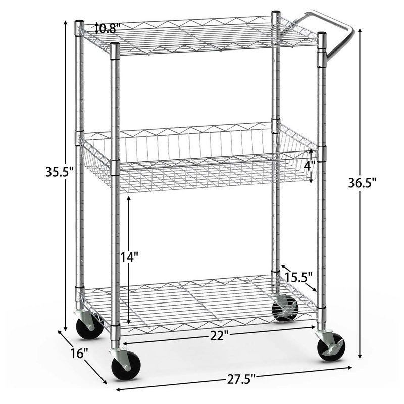 Costway 3-Tier Utility Cart Heavy Duty Wire Rolling Cart w/Handle Bar Storage Trolley