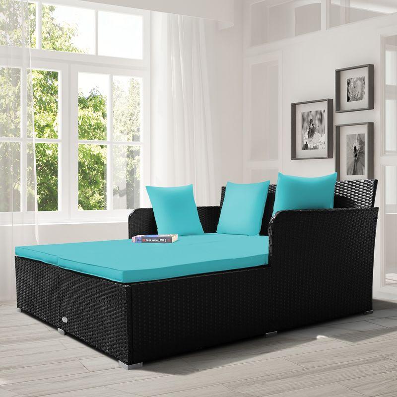 Costway Outdoor Patio Rattan Daybed Pillows Cushioned Sofa Furniture Turquoise