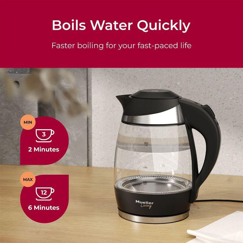 MuellerLiving Mueller Living Electric Kettle, Electric Tea Kettle for Boiling Water, 1500W SpeedBoil Teach Automatic Shutoff, 1.8L Cordless with LED Light, Borosilicate Glass Tea Kettle Pot Water Heater, BPA Free