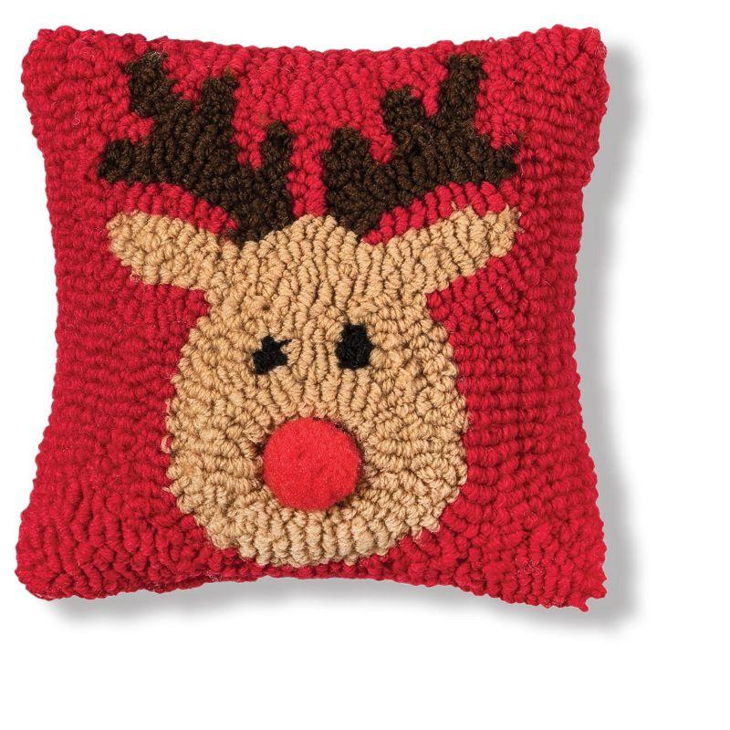 Reindeer Games Reindeer with Red Nose on Red Background Petite Accent Hooked Christmas Pillow