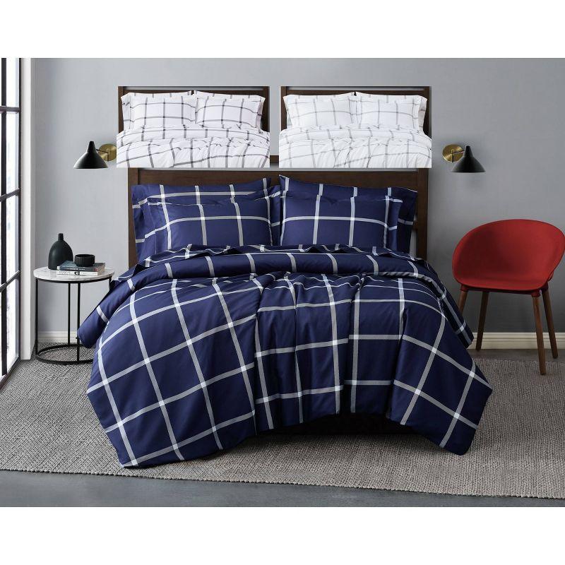 Navy and White King Windowpane Duvet Cover Set