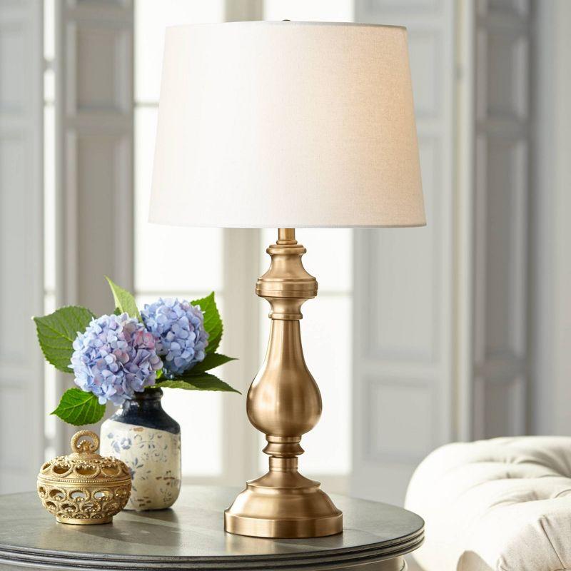 Elegant Antique Brass Candlestick Table Lamp with Off-White Drum Shade