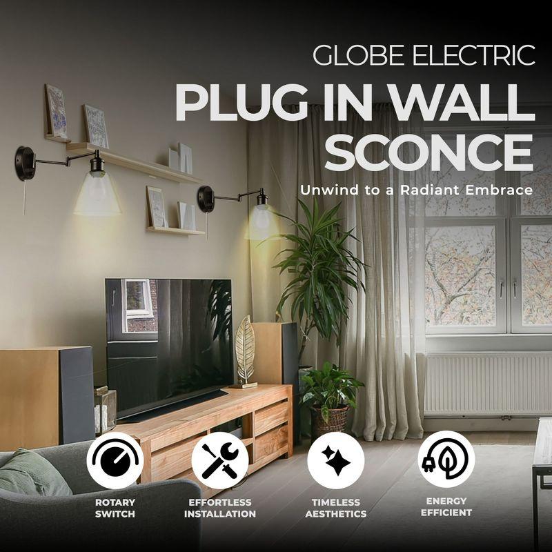 Globe Electric 10 Watt LED Plug In Wall Sconce Clear Glass Shade with 6 Foot Cord, Rotary On Off Switch on Canopy, and Hardware Kit, Dark Bronze
