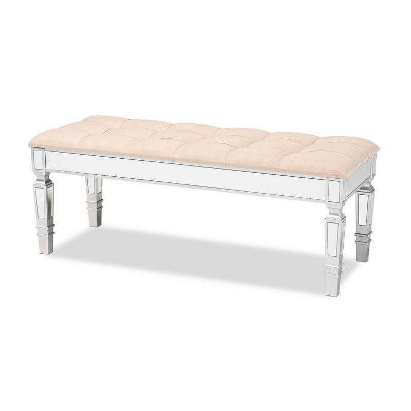 Hedia Silver Finish Mirrored Glass & Beige Velvet Accent Bench