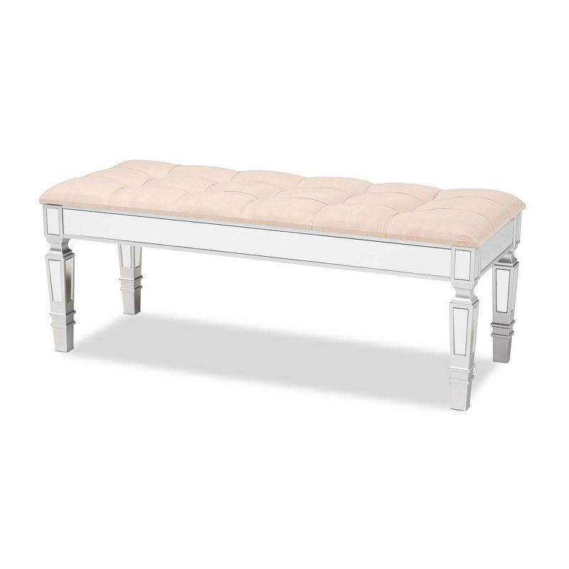 Hedia Fabric Upholstered and Wood Accent Bench Beige/Silver - Baxton Studio: Mirrored Glass, Foam-Padded, Button-Tufted