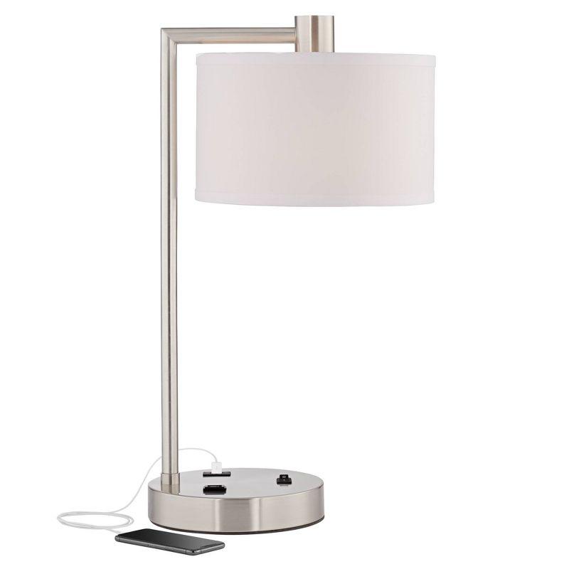 360 Lighting Colby Modern Desk Lamp 21" High Brushed Nickel with USB and AC Power Outlet in Base White Linen Drum Shade for Bedroom Living Room Office