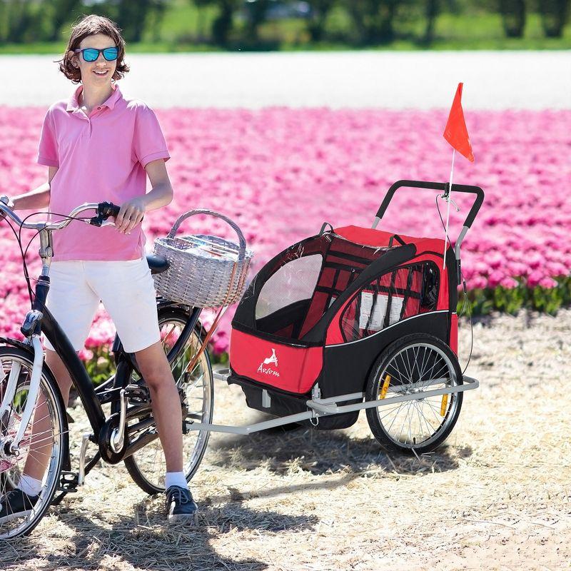Aosom Elite Three-Wheel Bike Trailer for Kids Bicycle Cart for Two Children with 2 Security Harnesses & Storage, Red