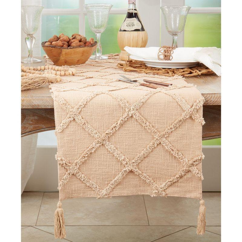 Beige Cotton Diamond Tufted Table Runner with Tassels