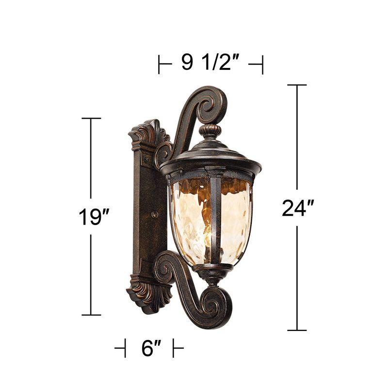 John Timberland Bellagio Vintage Rustic Outdoor Wall Light Fixture Veranda Bronze Dual Scroll Arm 24" Champagne Hammered Glass for Post Exterior Barn