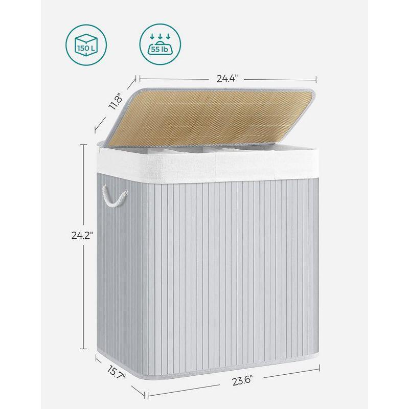 SONGMICS 39.6Gal (150L) Laundry Hamper, 3-Section Laundry Basket, Laundry Hamper with Lid, Bamboo, Foldable, Removable and Machine Washable Liner,Gray