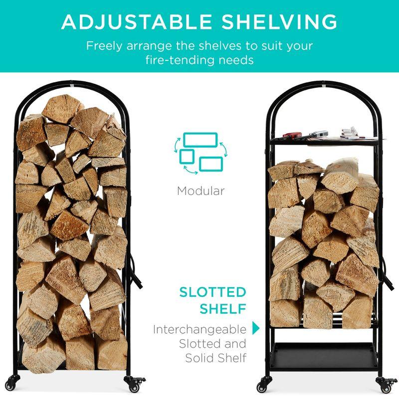 Best Choice Products 4ft 3-Tier Firewood Log Rack, Vertical Wrought Iron Holder for Home w/ 4-Piece Tool Set, Wheels