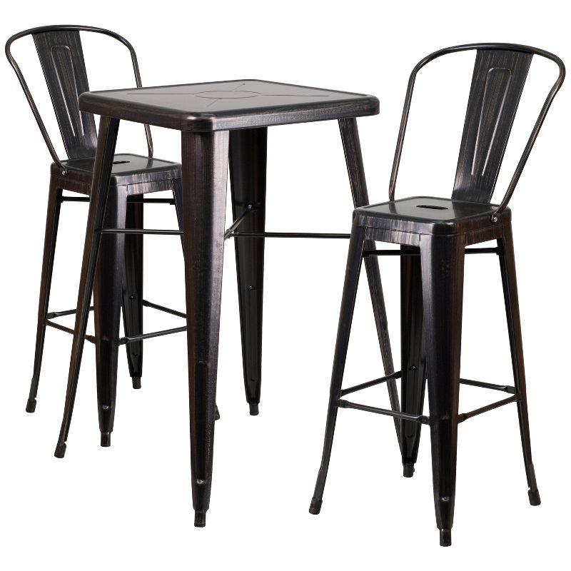 Flash Furniture Commercial Grade 23.75" Square Black-Antique Gold Metal Indoor-Outdoor Bar Table Set with 2 Stools with Backs