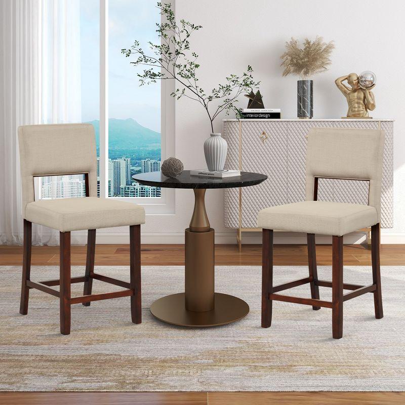 Beige Upholstered Linen Bar Stools with Wooden Legs, Set of 2