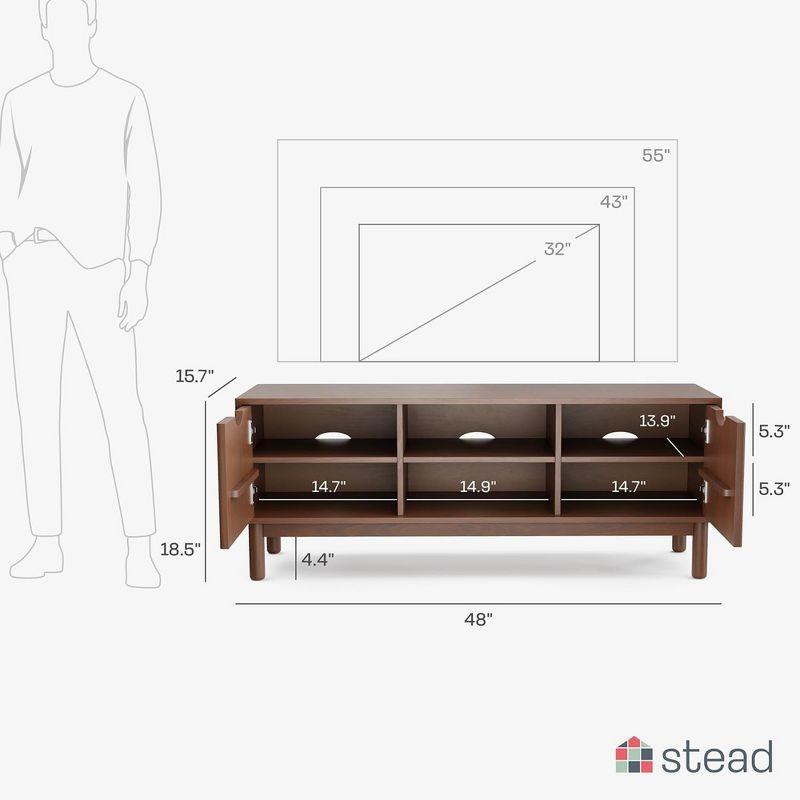Stead Low Profile Fluted TV Stand - Mid Century Media Console - 48” Entertainment Center with Shelves and Doors, Walnut Finish