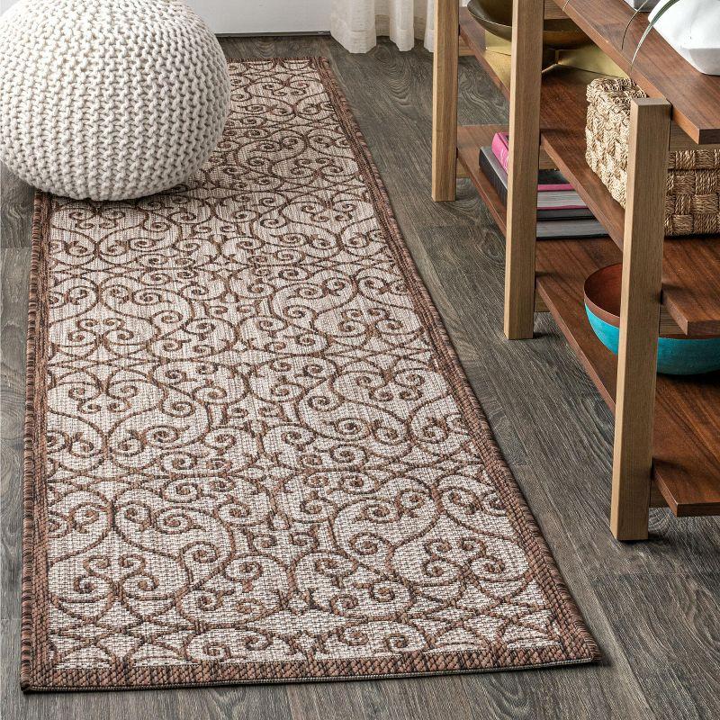 2'x8' Madrid Vintage Filigree Textured Weave Indoor/Outdoor Runner Rug, Taupe/Espresso - JONATHAN Y