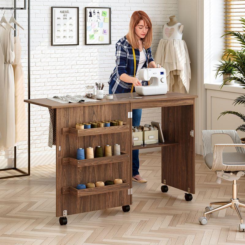 Costway Folding Sewing Craft Table Shelf Storage Cabinet Home Furniture W/Wheels Brown