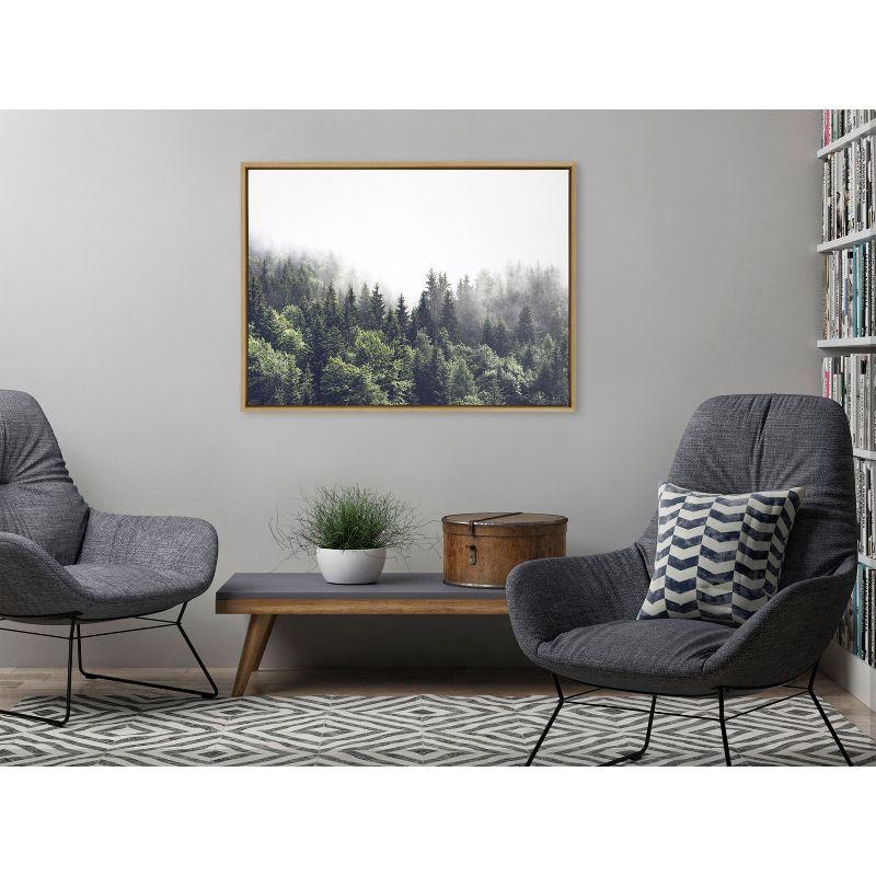 Lush Green Forest on a Foggy Day Canvas Print with Natural Frame