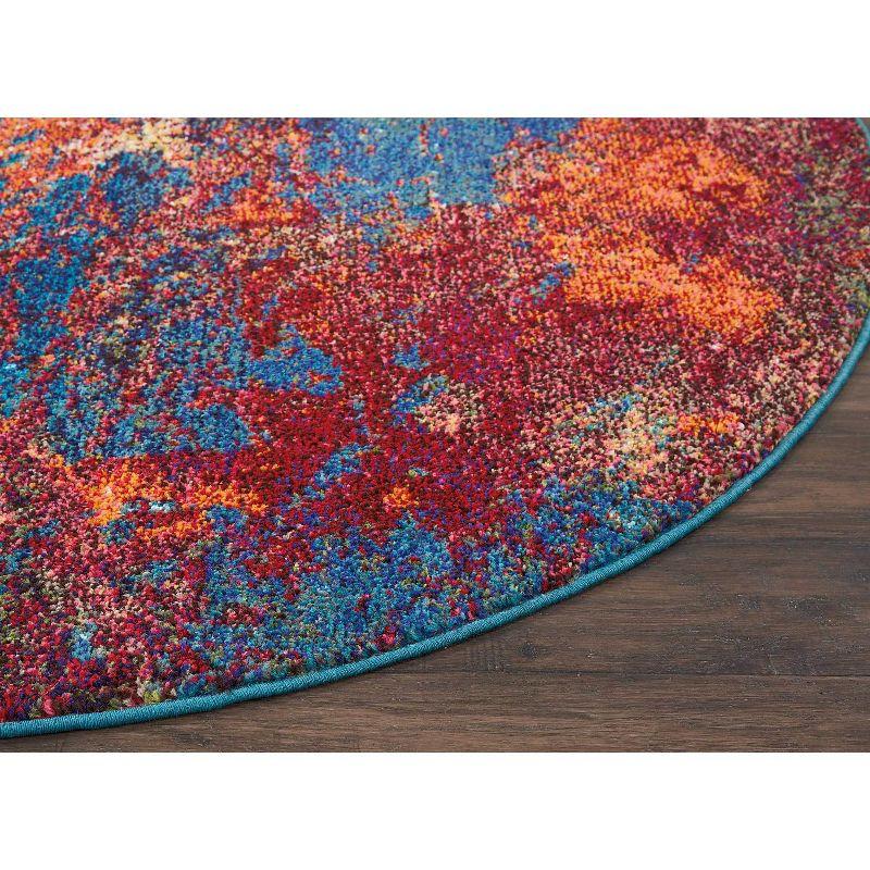 Round Blue Abstract Synthetic Easy Care Rug, 5'3"