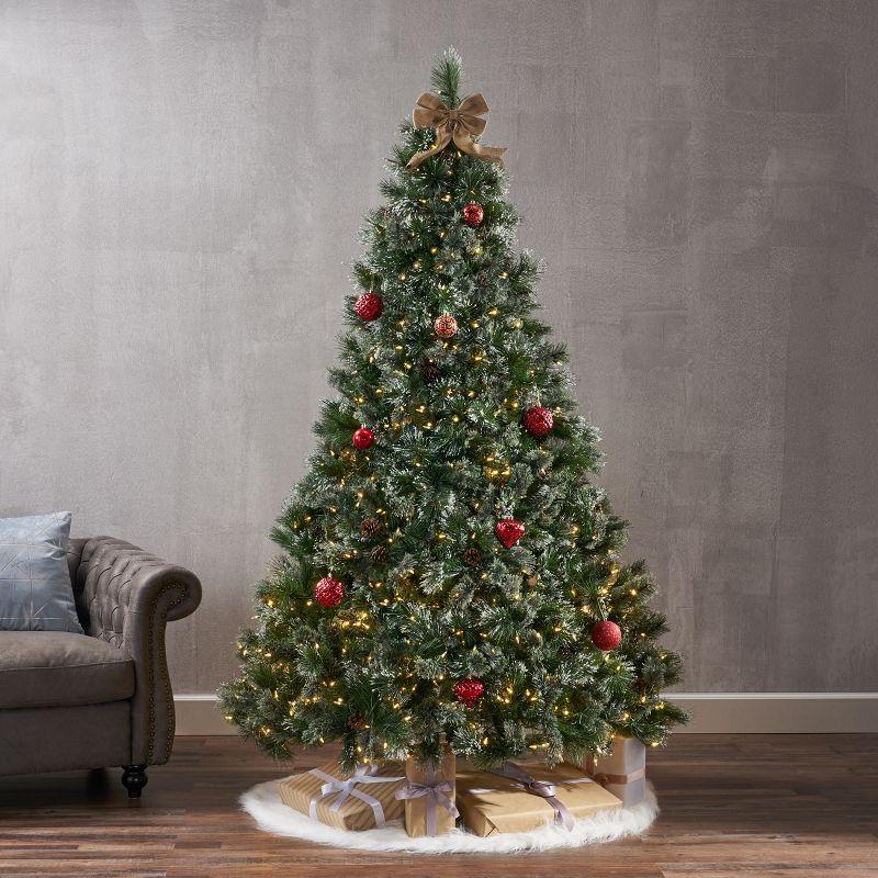 GDFStudio 7 Foot Cashmere Pine and Mixed Needles Pre Lit LED Artificial Christmas Tree with Snowy Branches and Pinecones