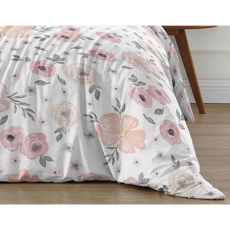 Sweet Jojo Designs Queen Duvet Cover and Shams Set Watercolor Floral Pink and Grey 3pc