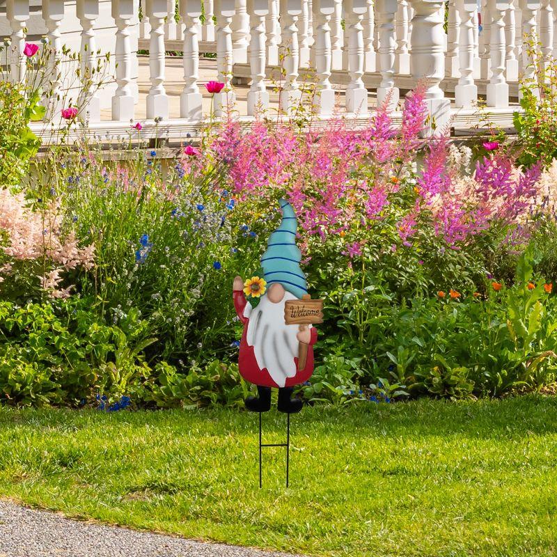 Red and Blue Welcome Gnome Garden Stake with Metal Sign