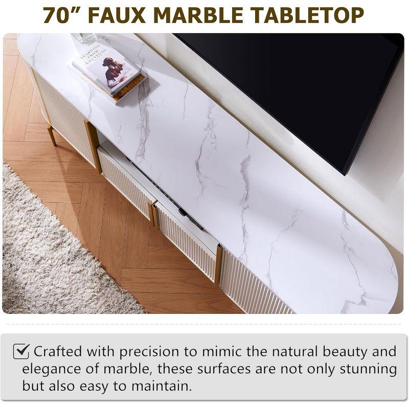 SinCiDo Luxury 70" Fluted TV Stand, Modern TV Console for TVs Up to 80 inches, Faux Marble Top & Curved Design, Off White