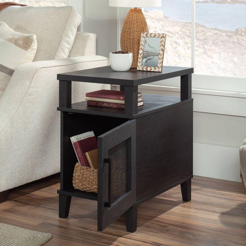 Raven Oak Rectangular Side Table with Storage and Rattan Insert